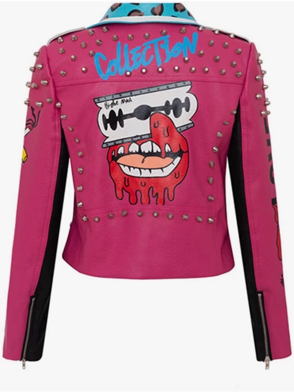 Street Punk Pleather Studded Black & Pink Graphic Biker Moto Jacket | Size XL - Picture 2 of 14